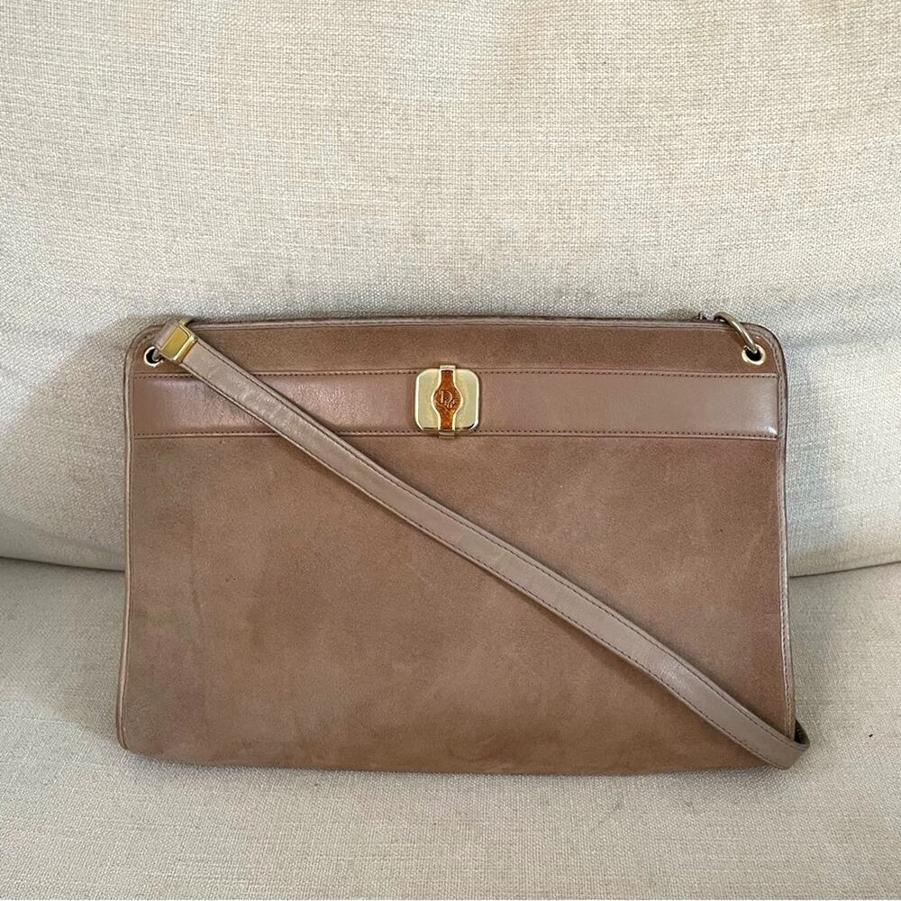 DIOR Christian Dior Taupe / Light Brown Suede Leather Shoulder Bag